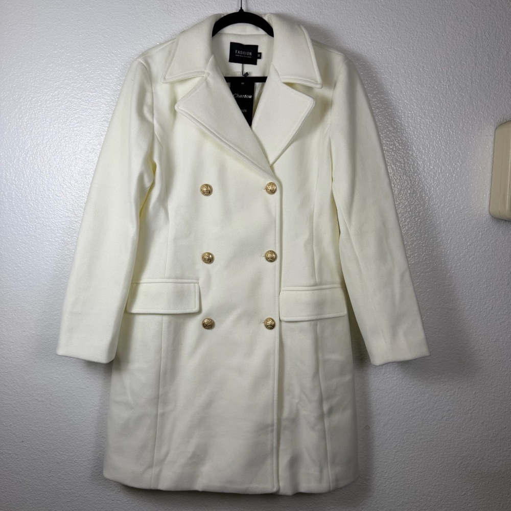 Chartou Women's White Double Breasted
Long Pea Coat Gold Buttons Size M